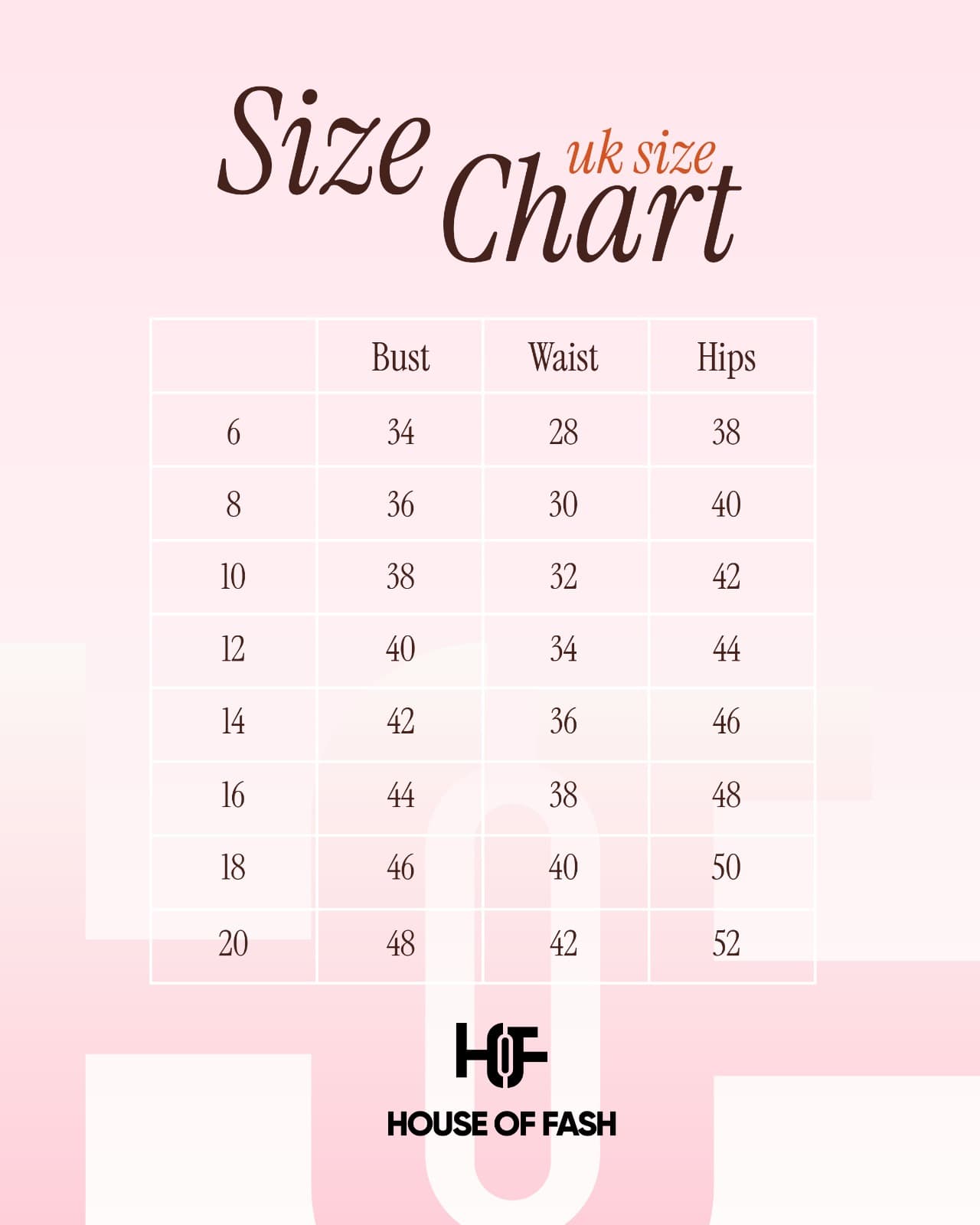 House of Fash UK size chart showing bust, waist and hip measurements in inches for sizes 6 to 20